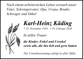 Traueranzeige von Karl-Heinz Käding von Ostsee-Zeitung GmbH