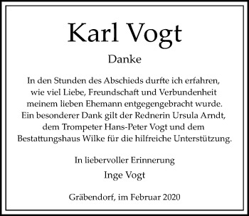 Traueranzeige von Karl Vogt von Märkischen Allgemeine Zeitung