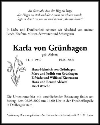 Traueranzeige von Karla von Grünhagen von Hannoversche Allgemeine Zeitung/Neue Presse