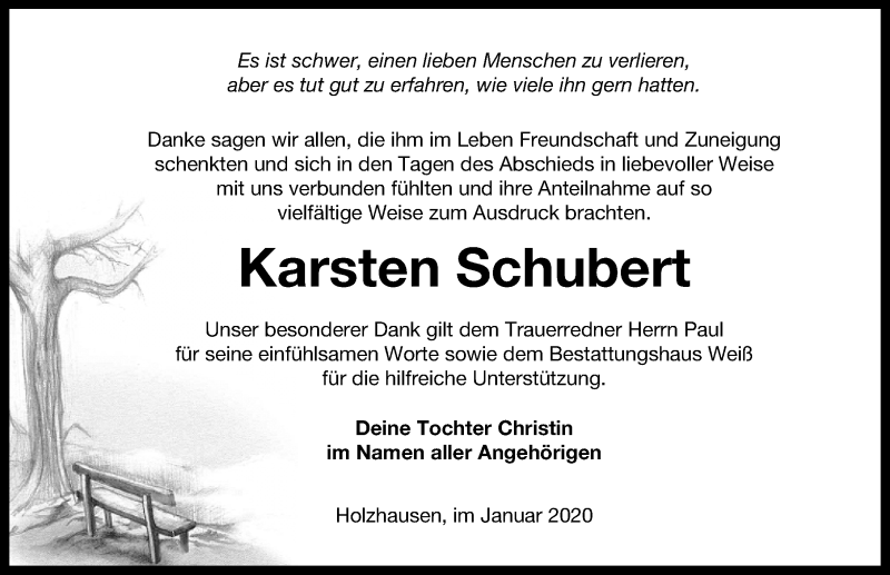  Traueranzeige für Karsten Schubert vom 01.02.2020 aus Märkischen Allgemeine Zeitung