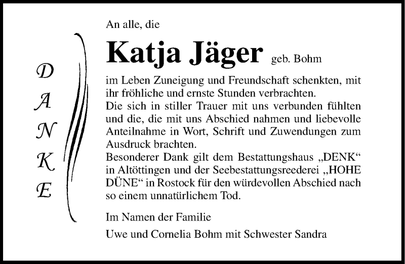  Traueranzeige für Katja Jäger vom 29.02.2020 aus Ostsee-Zeitung GmbH