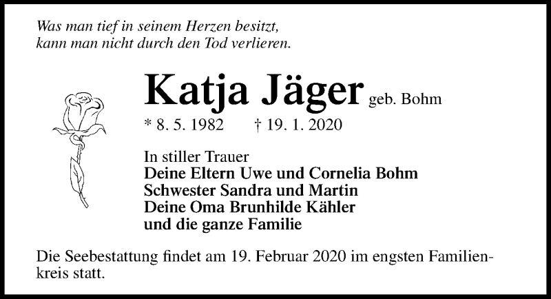  Traueranzeige für Katja Jäger vom 01.02.2020 aus Ostsee-Zeitung GmbH