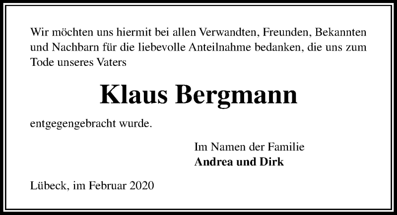  Traueranzeige für Klaus Bergmann vom 09.02.2020 aus Lübecker Nachrichten