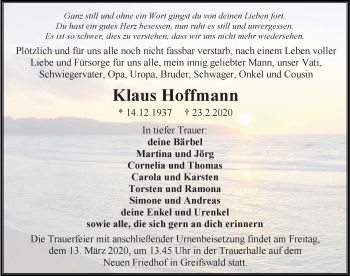 Traueranzeige von Klaus Hoffmann von Ostsee-Zeitung GmbH