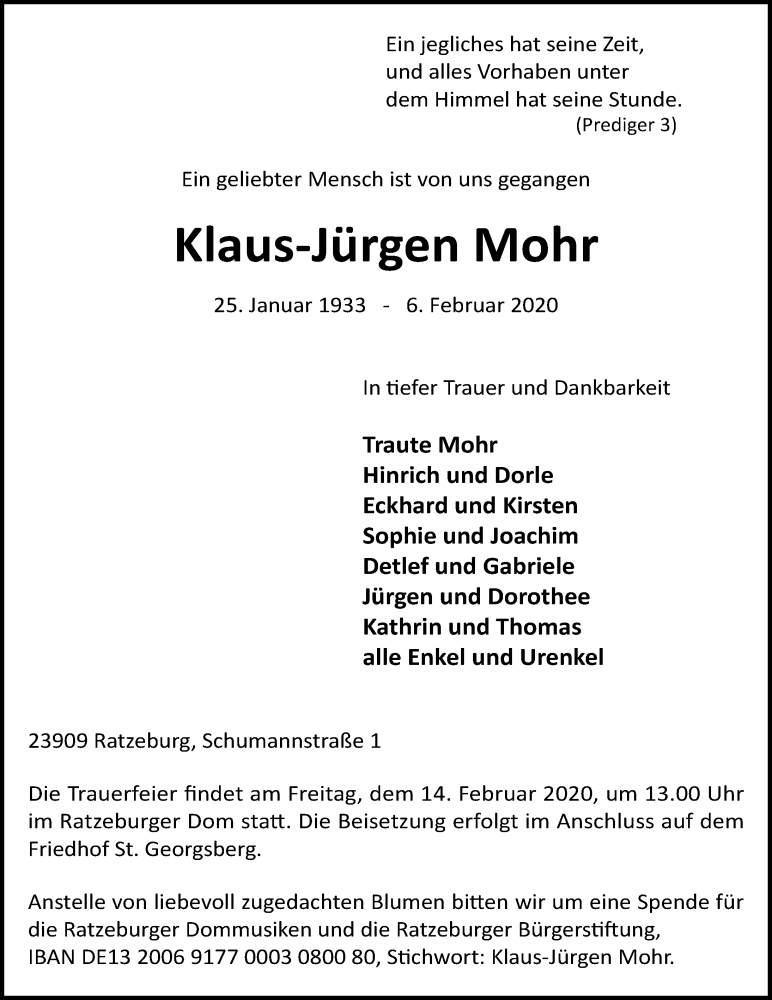  Traueranzeige für Klaus-Jürgen Mohr vom 09.02.2020 aus Lübecker Nachrichten
