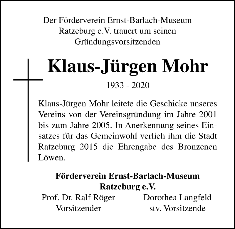  Traueranzeige für Klaus-Jürgen Mohr vom 09.02.2020 aus Lübecker Nachrichten
