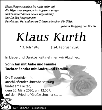 Traueranzeige von Klaus Kurth von Leipziger Volkszeitung