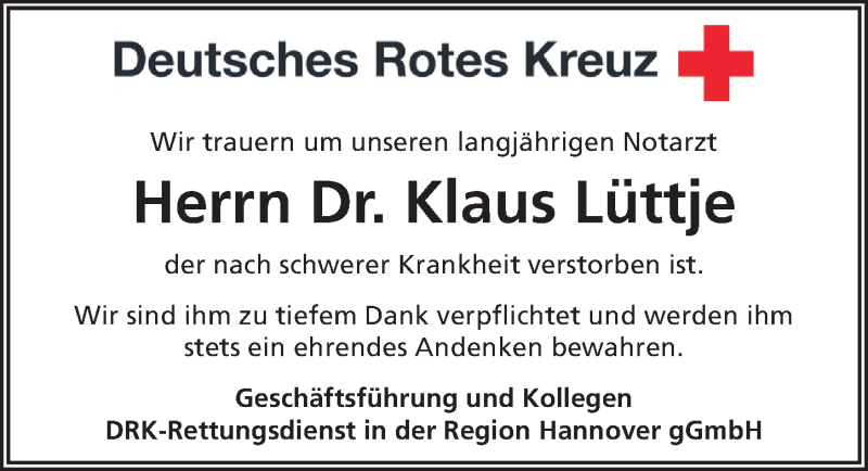  Traueranzeige für Klaus Lüttje vom 14.02.2020 aus Hannoversche Allgemeine Zeitung/Neue Presse