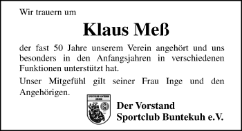 Traueranzeige von Klaus Meß von Lübecker Nachrichten