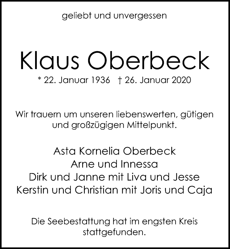  Traueranzeige für Klaus Oberbeck vom 02.02.2020 aus Lübecker Nachrichten