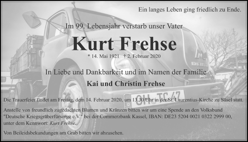  Traueranzeige für Kurt Frehse vom 09.02.2020 aus Lübecker Nachrichten