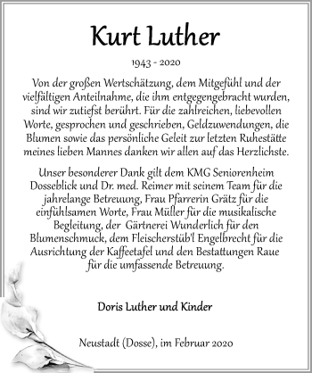 Traueranzeige von Kurt Luther