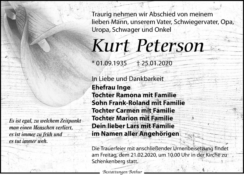  Traueranzeige für Kurt Peterson vom 08.02.2020 aus Leipziger Volkszeitung