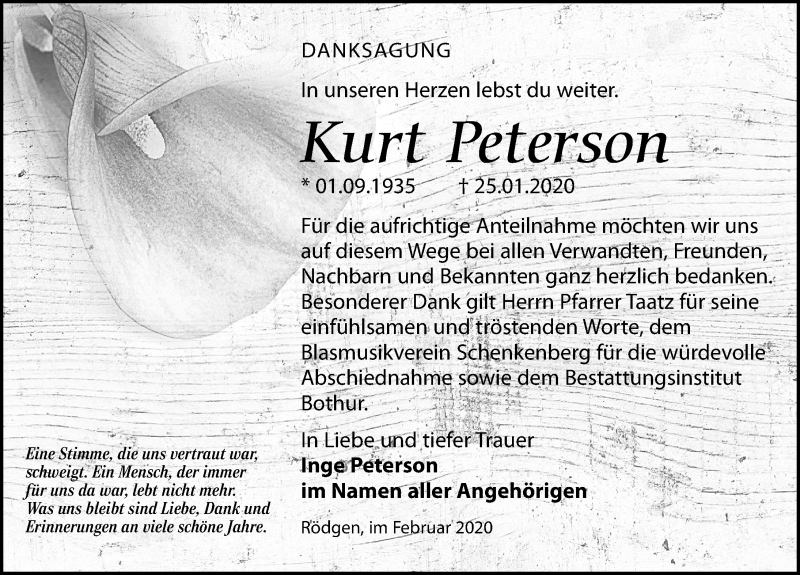  Traueranzeige für Kurt Peterson vom 29.02.2020 aus Leipziger Volkszeitung