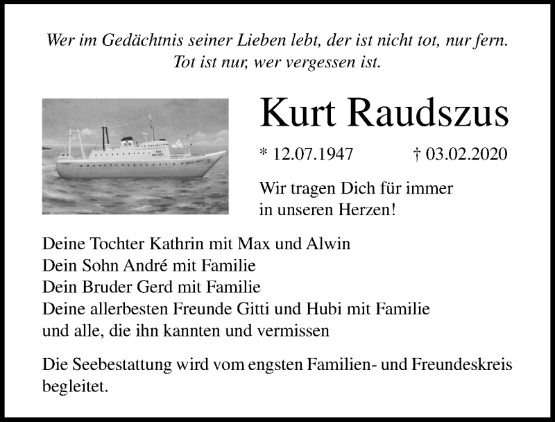  Traueranzeige für Kurt Raudszus vom 08.02.2020 aus Ostsee-Zeitung GmbH