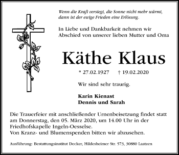 Traueranzeige von Käthe Klaus von Hannoversche Allgemeine Zeitung/Neue Presse