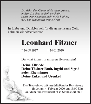 Traueranzeige von Leonhard Fitzner von Märkischen Allgemeine Zeitung
