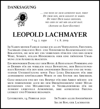 Traueranzeige von Leopold Lachmayer von Ostsee-Zeitung GmbH