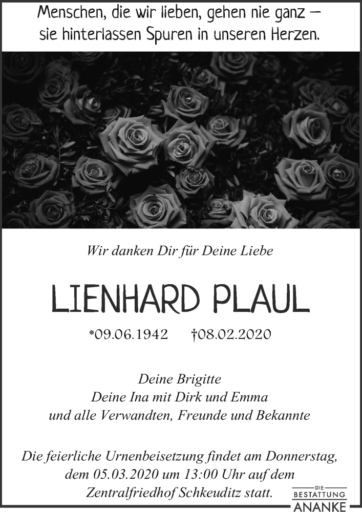  Traueranzeige für Lienhard Plaul vom 22.02.2020 aus Leipziger Volkszeitung
