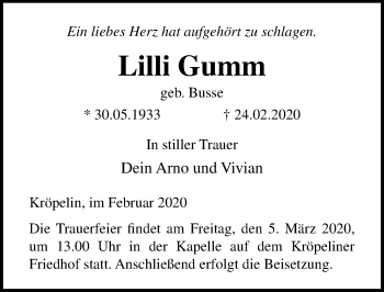 Traueranzeige von Lilli Gumm von Ostsee-Zeitung GmbH