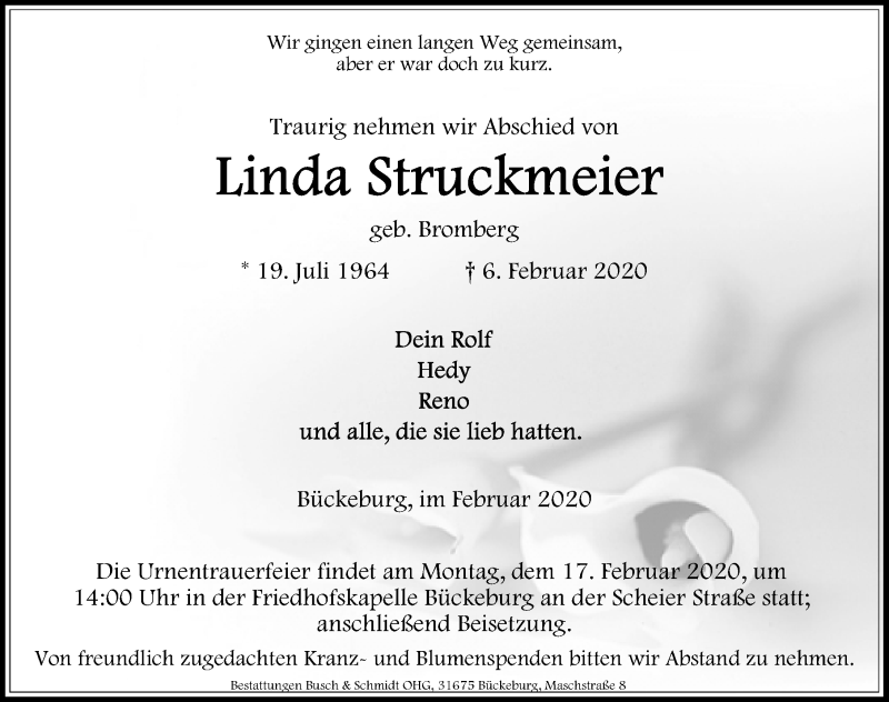  Traueranzeige für Linda Struckmeier vom 13.02.2020 aus Schaumburger Nachrichten
