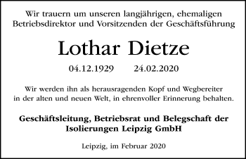 Traueranzeige von Lothar Dietze von Leipziger Volkszeitung