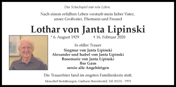 Traueranzeige von Lothar von Janta Lipinski von Hannoversche Allgemeine Zeitung/Neue Presse