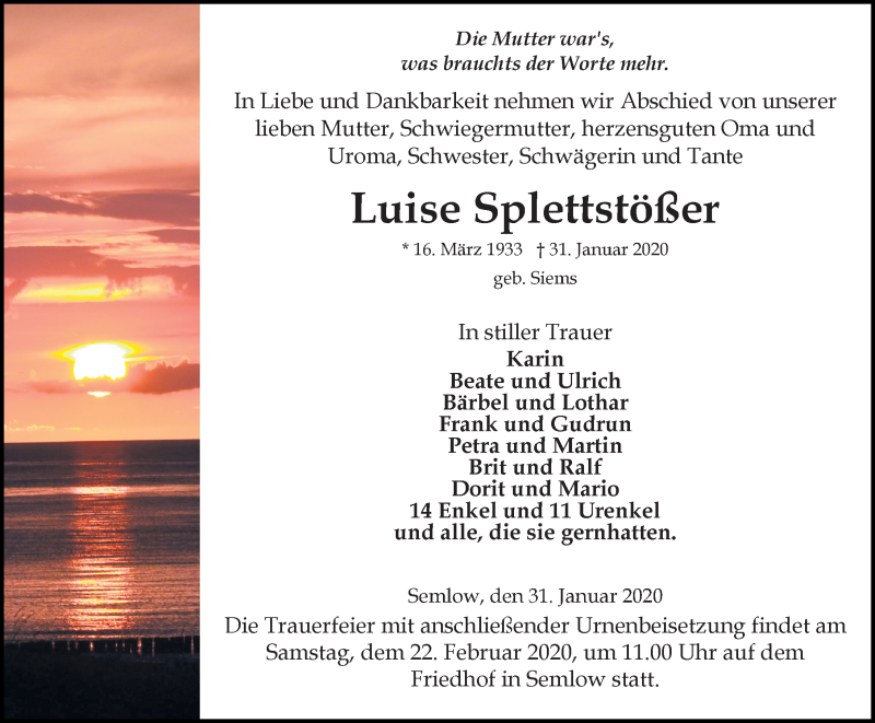  Traueranzeige für Luise Splettstößer vom 08.02.2020 aus Ostsee-Zeitung GmbH