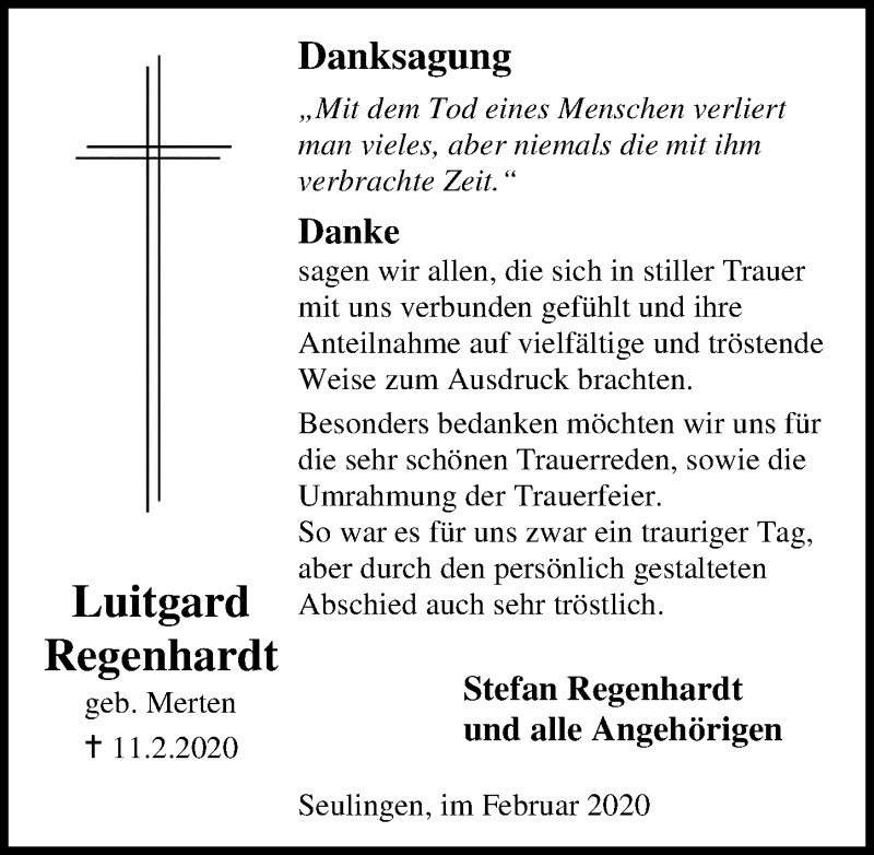  Traueranzeige für Luitgard Regenhardt vom 29.02.2020 aus Göttinger Tageblatt