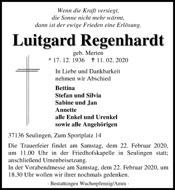 Traueranzeige von Luitgard Regenhardt von Göttinger Tageblatt