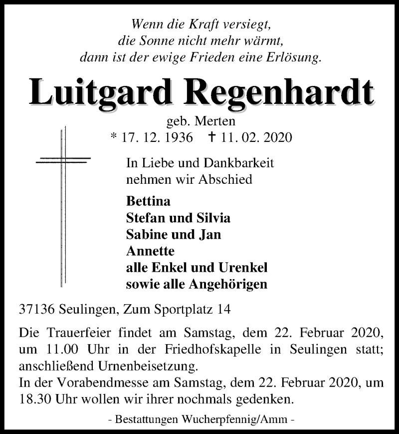  Traueranzeige für Luitgard Regenhardt vom 19.02.2020 aus Göttinger Tageblatt