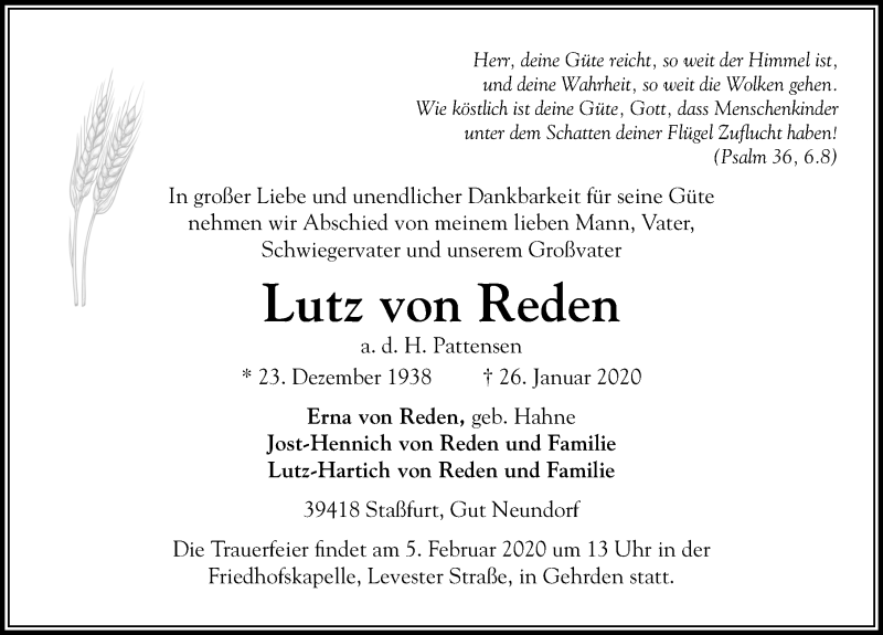  Traueranzeige für Lutz von Reden vom 01.02.2020 aus Hannoversche Allgemeine Zeitung/Neue Presse