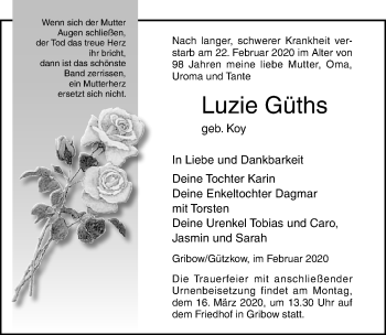 Traueranzeige von Luzie Güths von Ostsee-Zeitung GmbH