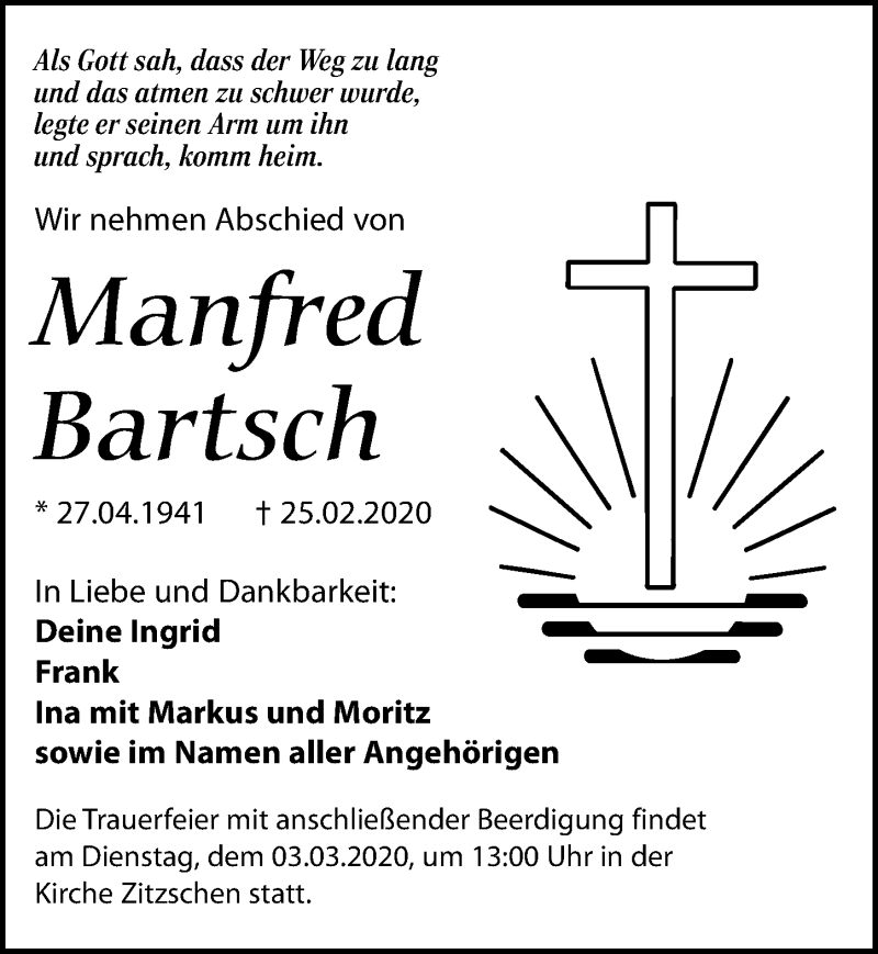  Traueranzeige für Manfred Bartsch vom 28.02.2020 aus Leipziger Volkszeitung