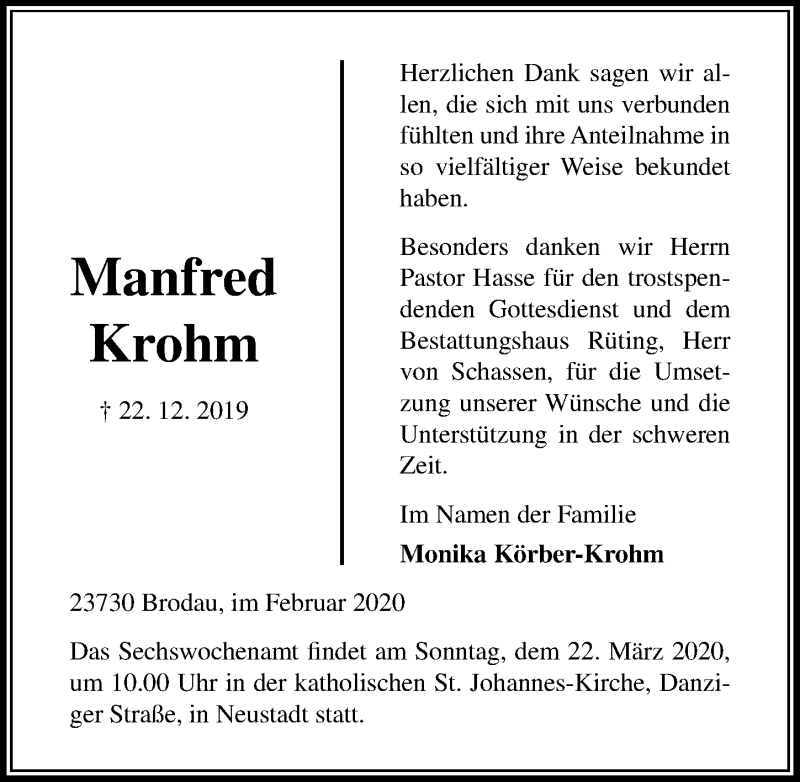  Traueranzeige für Manfred Krohm vom 29.02.2020 aus Lübecker Nachrichten
