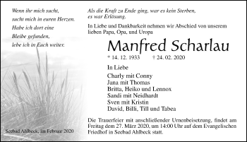 Traueranzeige von Manfred Scharlau von Ostsee-Zeitung GmbH