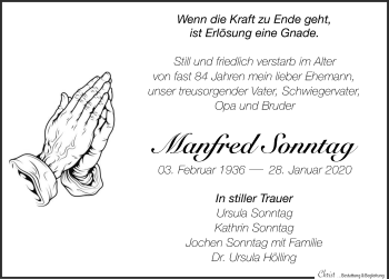 Traueranzeige von Manfred Sonntag von Leipziger Volkszeitung