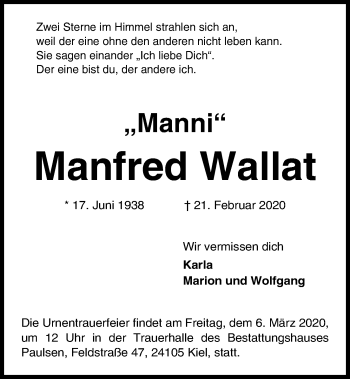 Traueranzeige von Manfred Wallat von Kieler Nachrichten