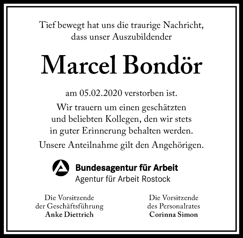  Traueranzeige für Marcel Bondör vom 22.02.2020 aus Ostsee-Zeitung GmbH