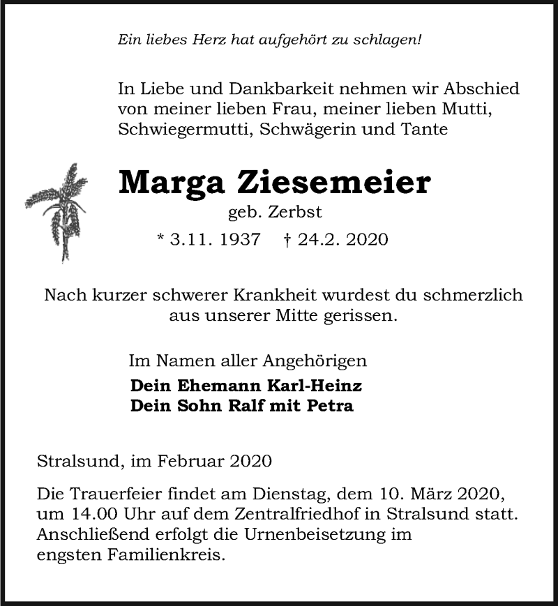  Traueranzeige für Marga Ziesemeier vom 29.02.2020 aus Ostsee-Zeitung GmbH