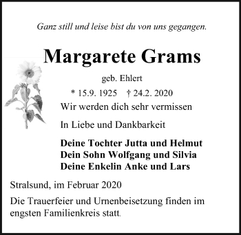 Traueranzeige von Margarete Grams von Ostsee-Zeitung GmbH