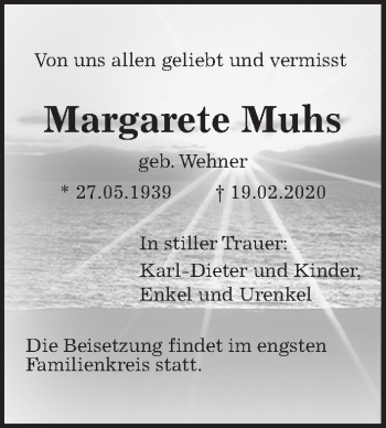 Traueranzeige von Margarete Muhs von Hannoversche Allgemeine Zeitung/Neue Presse