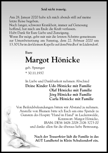 Traueranzeige von Margot Hönicke von Märkischen Allgemeine Zeitung