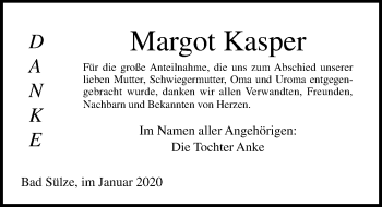 Traueranzeige von Margot Kasper von Ostsee-Zeitung GmbH