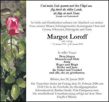 Traueranzeige von Margot Loroff von Ostsee-Zeitung GmbH