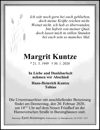 Traueranzeige von Margrit Kuntze von Hannoversche Allgemeine Zeitung/Neue Presse