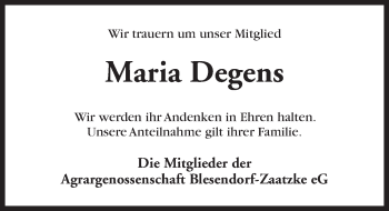 Traueranzeige von Maria Degens von Märkischen Allgemeine Zeitung