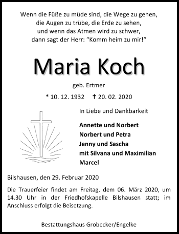 Traueranzeige von Maria Koch von Eichsfelder Tageblatt