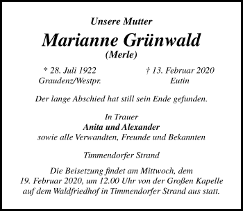 Traueranzeige von Marianne Grünwald von Lübecker Nachrichten