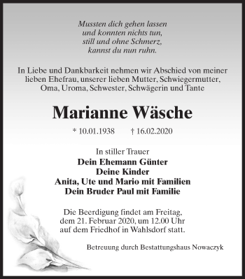 Traueranzeige von Marianne Wäsche von Märkischen Allgemeine Zeitung
